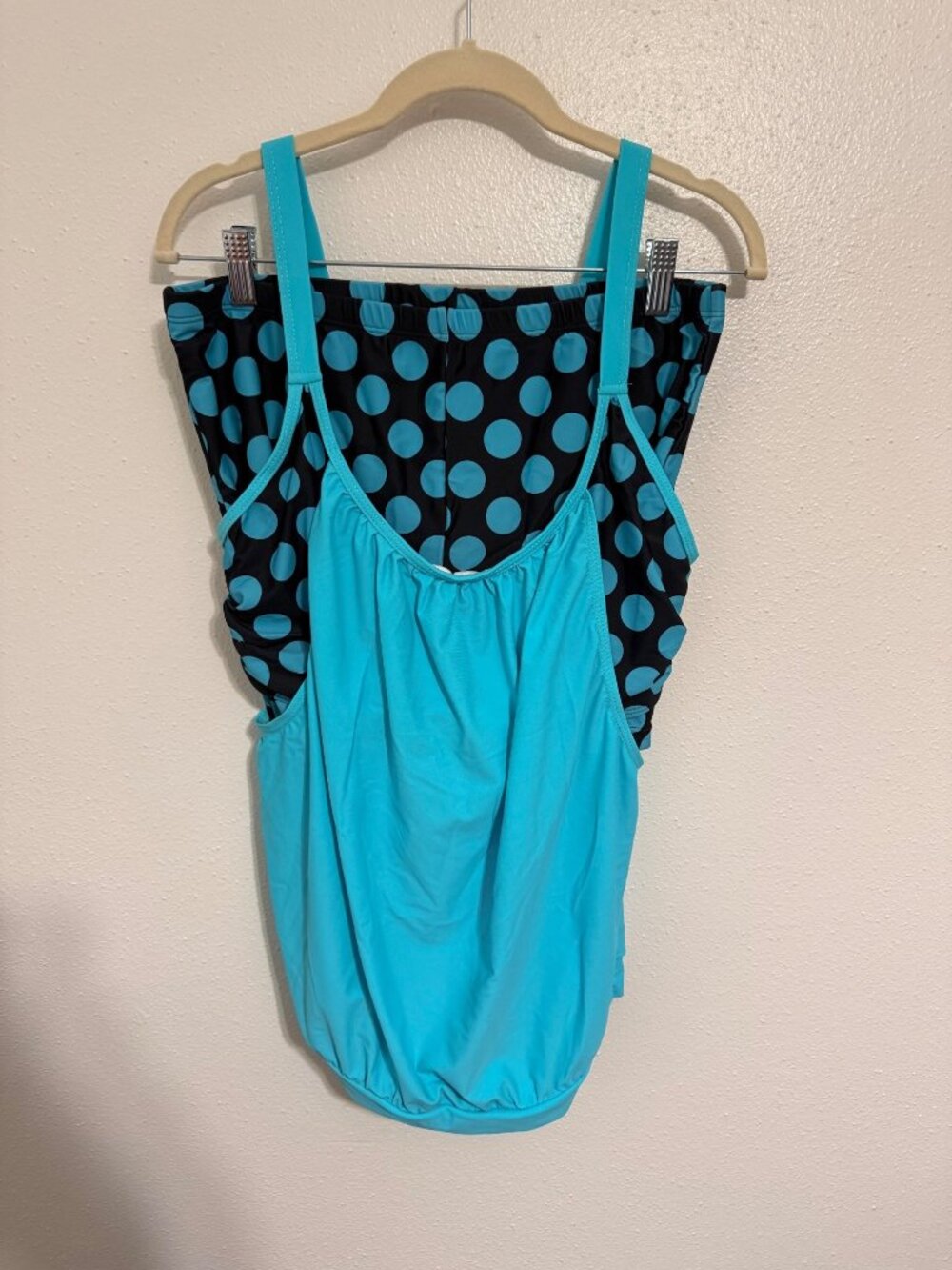 Womans 2 Pc SwimSuit Tankini Bra Insert Shorts Blue Black Polka Dot XL
